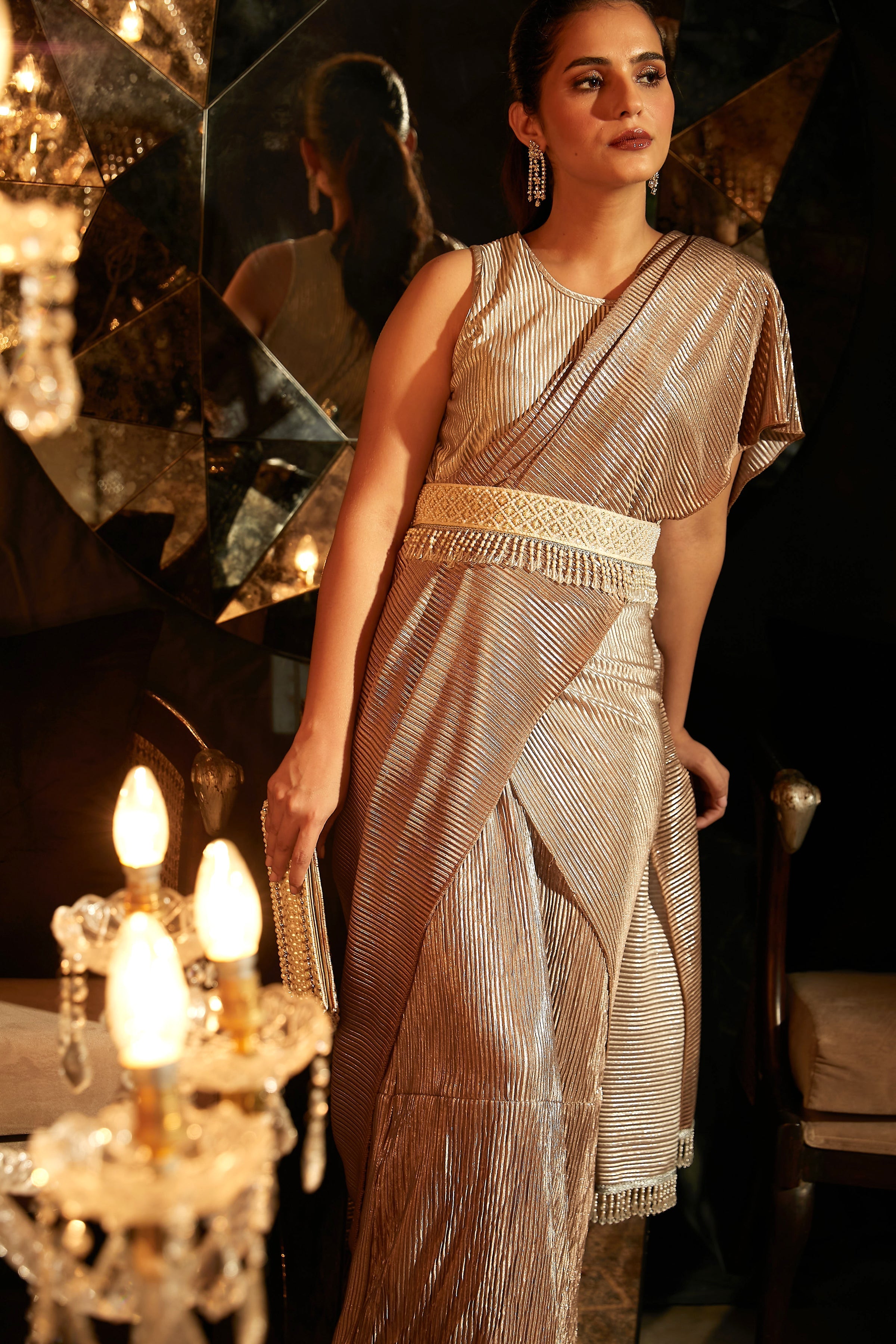 Metallic Pleated Classy Gown Saree Ombre Nude