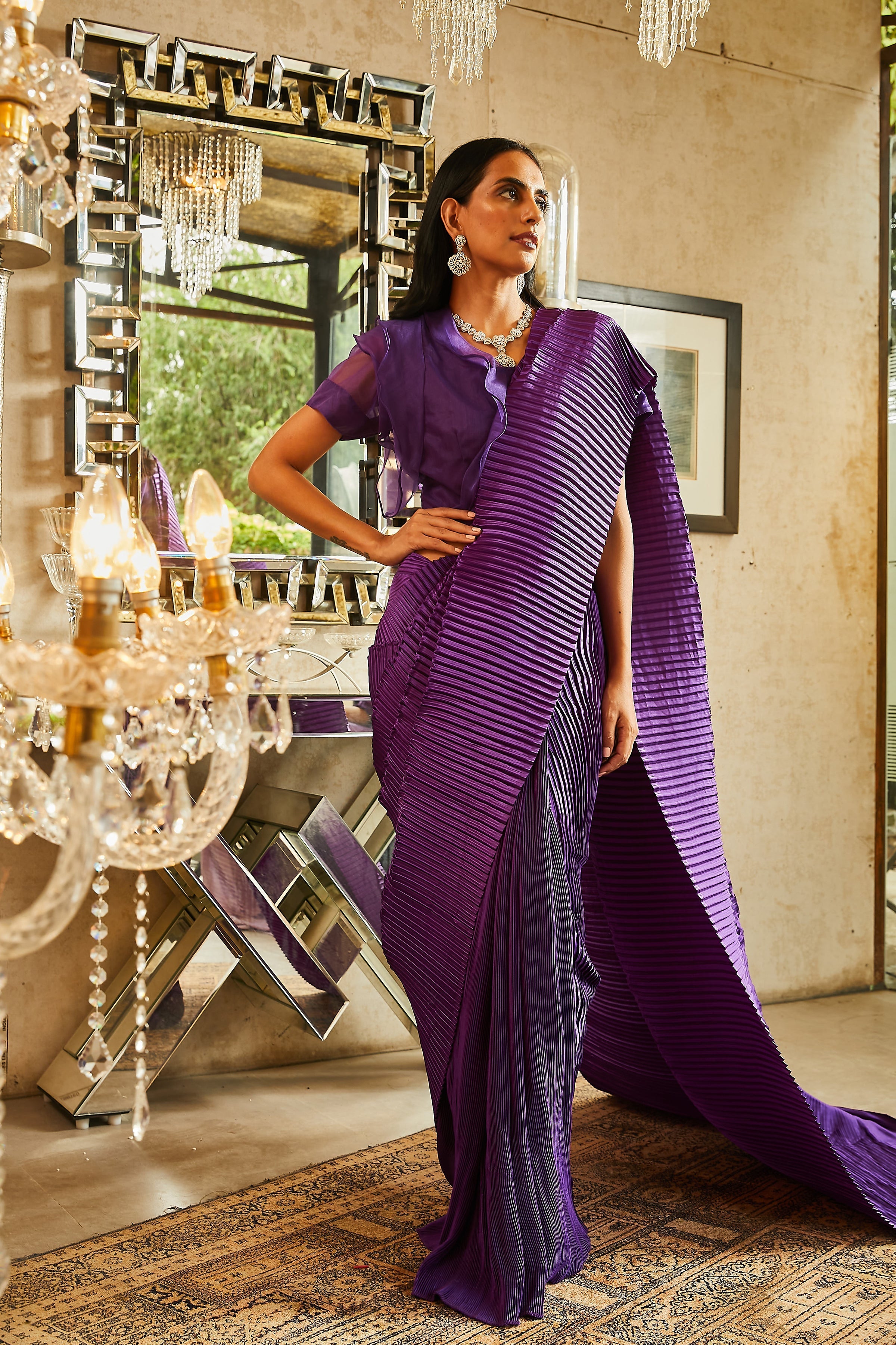 Scintillating Sewed Organza  Ruffle Blouse Saree - Purple