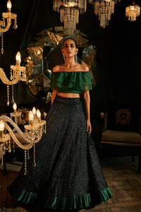 Bedazzling Sequence Ghagra with Organza Ruffle Blouse and Belt - Emerald Green