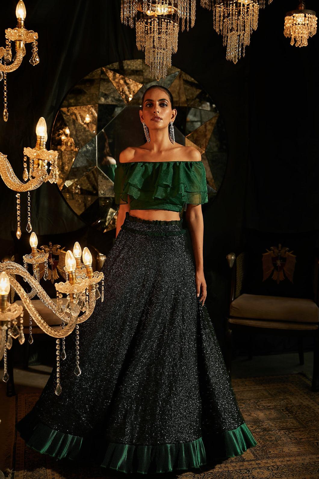 Bedazzling Sequence Ghagra with Organza Ruffle Blouse and Belt - Emerald Green