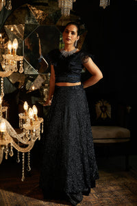 Bedazzling Sequence Ghagra with Organza Ruffle Blouse and Belt - Midnight Blue