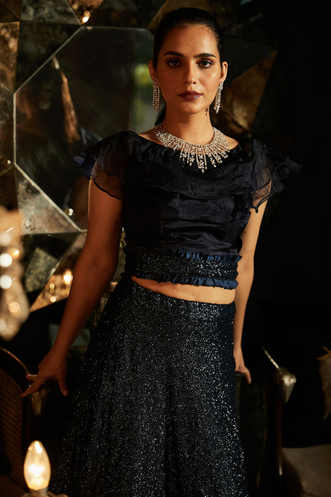 Bedazzling Sequence Ghagra with Organza Ruffle Blouse and Belt - Midnight Blue