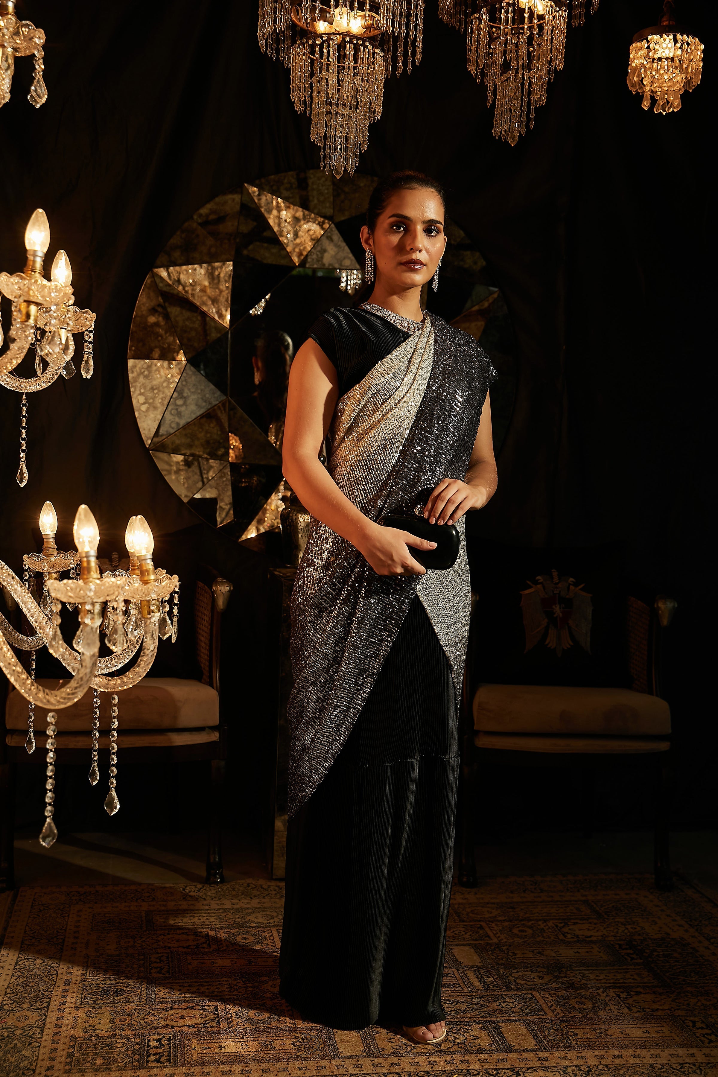 Bedazzling Handcrafted Ombre Sequence Classy Gown Saree Black