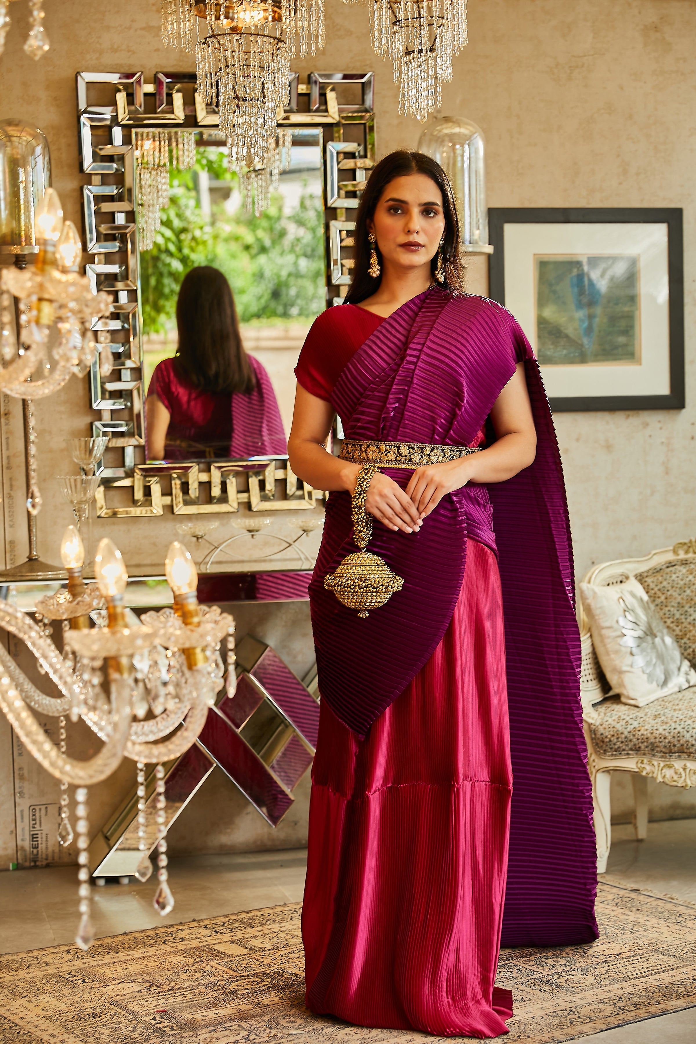 Classy Pleated Colourblock Gown Saree with Gold Cutwork Belt - Magenta &amp; Purple