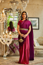 Load image into Gallery viewer, Classy Pleated Colourblock Gown Saree with Gold Cutwork Belt - Magenta &amp; Purple