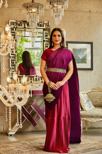 Classy Pleated Colourblock Gown Saree with Gold Cutwork Belt - Magenta & Purple