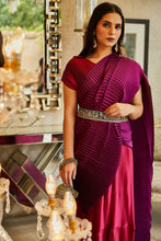 Load image into Gallery viewer, Classy Pleated Colourblock Gown Saree with Gold Cutwork Belt - Magenta &amp; Purple