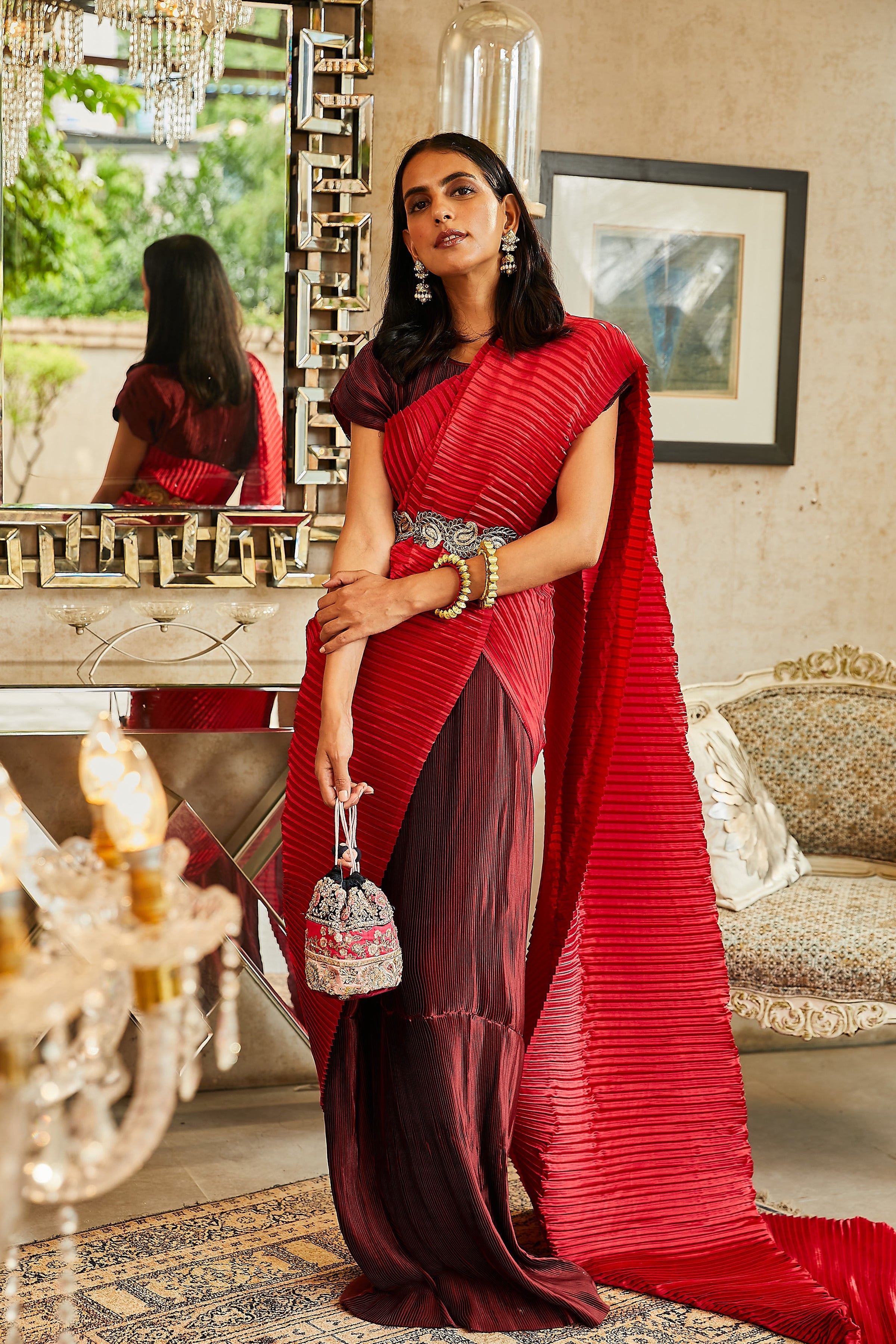 Classy Pleated Colourblock Gown Saree with Gold Cutwork Belt - Wine &amp; Chilli Red