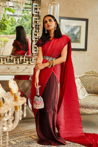 Classy Pleated Colourblock Gown Saree with Gold Cutwork Belt - Wine & Chilli Red