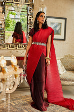 Load image into Gallery viewer, Classy Pleated Colourblock Gown Saree with Gold Cutwork Belt - Wine &amp; Chilli Red