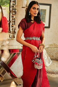 Classy Pleated Colourblock Gown Saree with Gold Cutwork Belt - Wine & Chilli Red