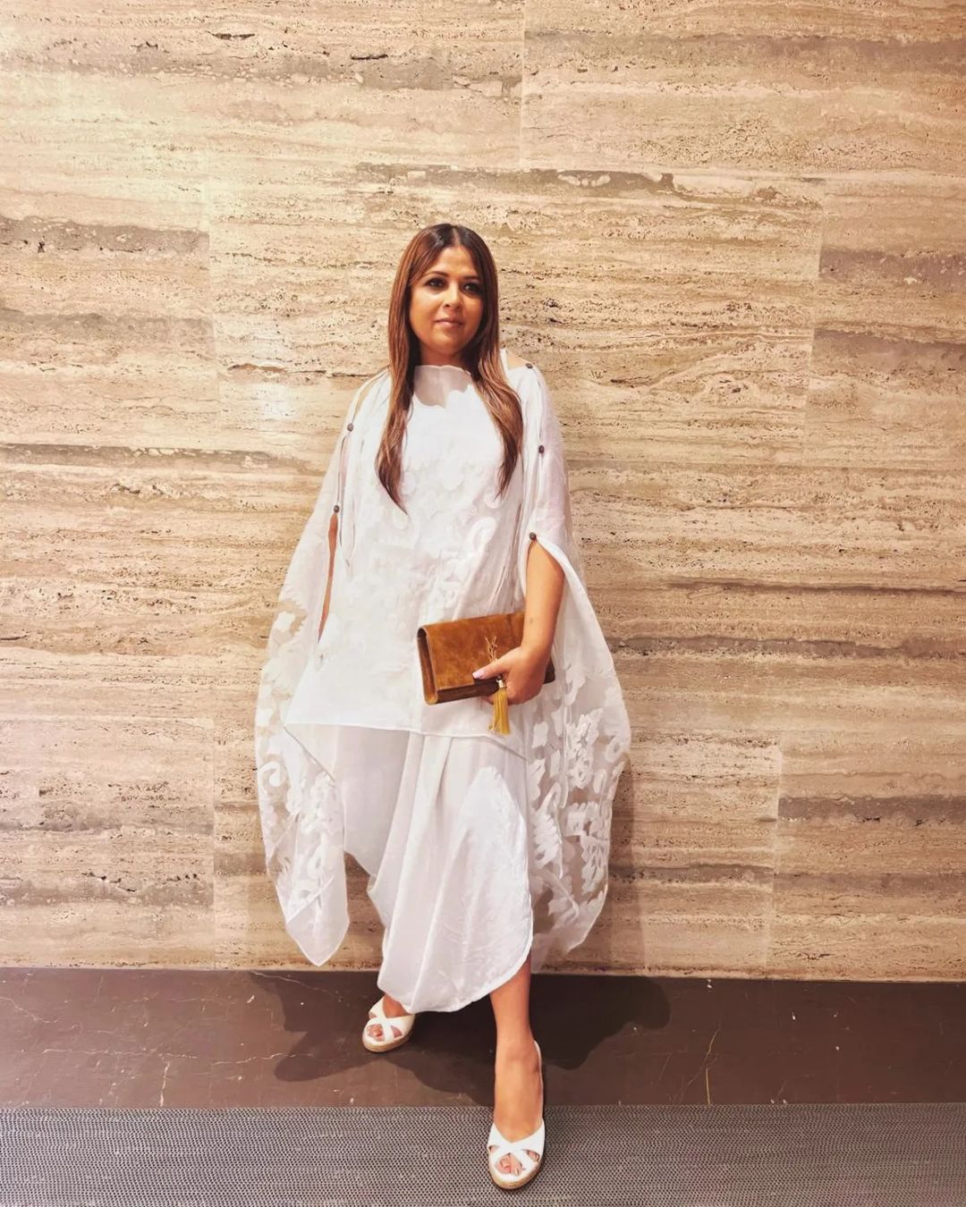 Mamta Amin in Slip Easy Dress With Organza Cape - White