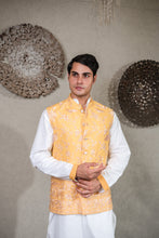 Load image into Gallery viewer, WHITE KURTA SET WITH YELLOW GARA GLAZED JACKET