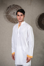 Load image into Gallery viewer, WHITE KURTA SET WITH YELLOW GARA GLAZED JACKET