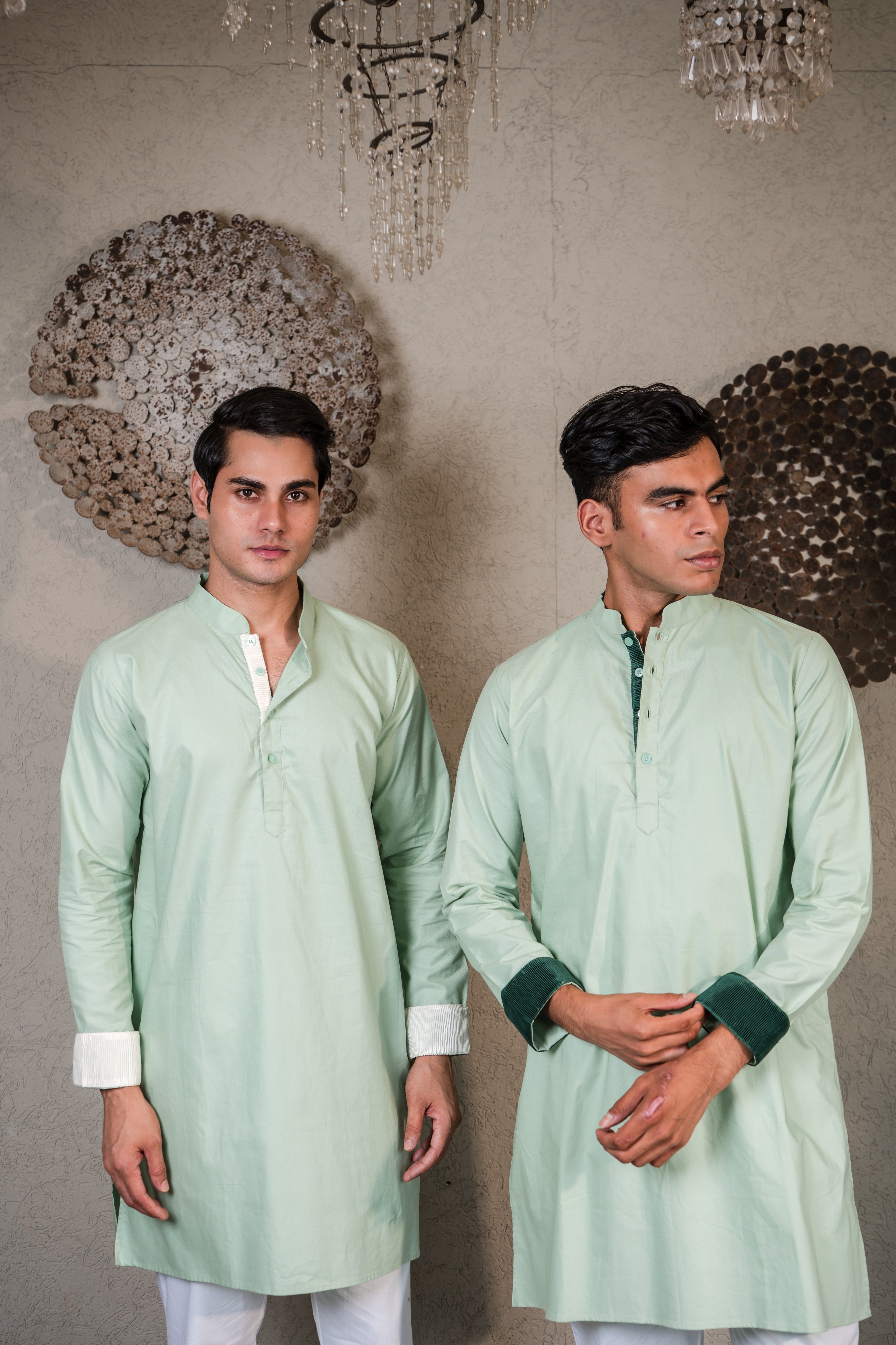 GREEN KURTA WITH PLEATED STRIPE - WHITE