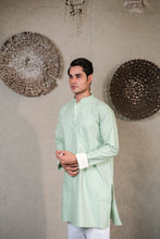 Load image into Gallery viewer, GREEN KURTA WITH PLEATED STRIPE - WHITE