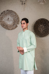 GREEN KURTA WITH PLEATED STRIPE - WHITE