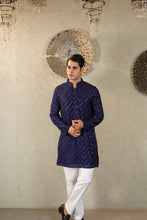 Load image into Gallery viewer, MIRROR EMBROIDERY KURTA WITH PANT - BLUE AND WHITE