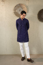 Load image into Gallery viewer, MIRROR EMBROIDERY KURTA WITH PANT - BLUE AND WHITE