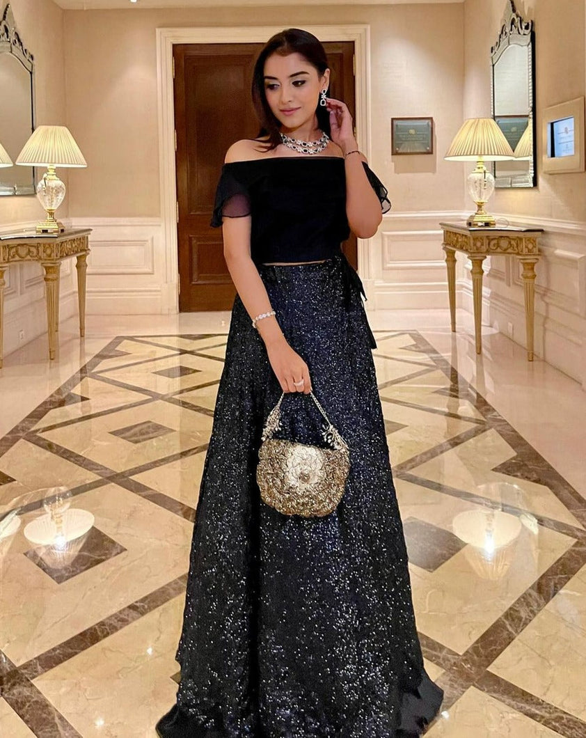 Shivani Girdhar in our Bedazzling Sequence Ghagra with Organza Ruffle Blouse and Belt - Midnight Blue