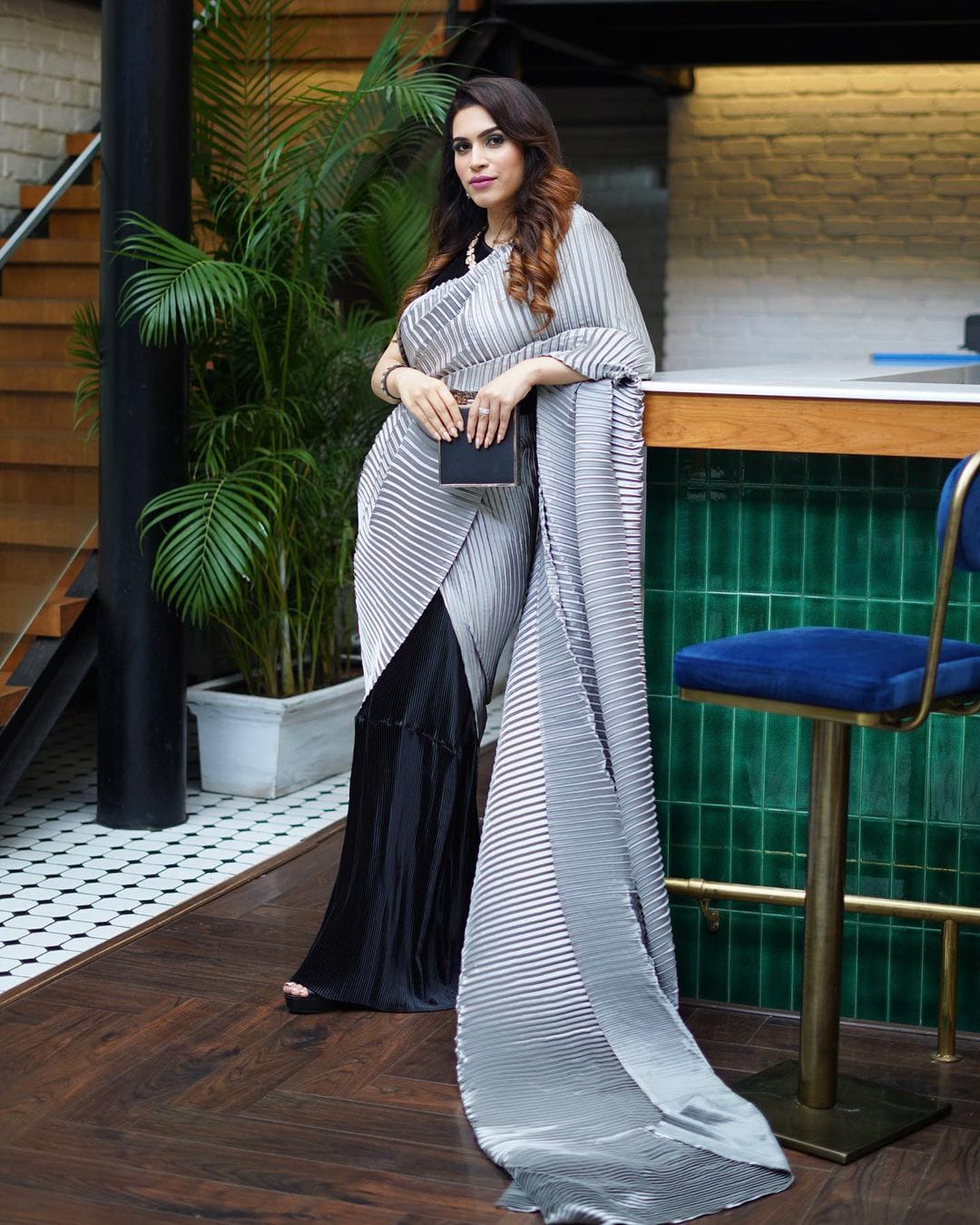 Kanika Khandelwal in our Colour Block Gown Saree - Black &amp; Grey