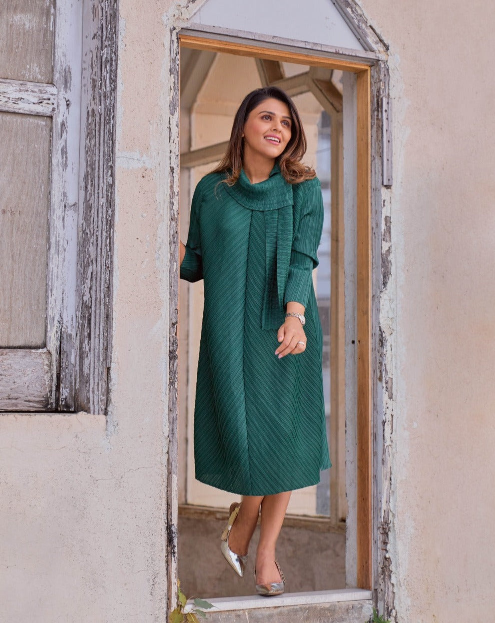 Tina Dhanak in our Serena Scarf Dress - Green