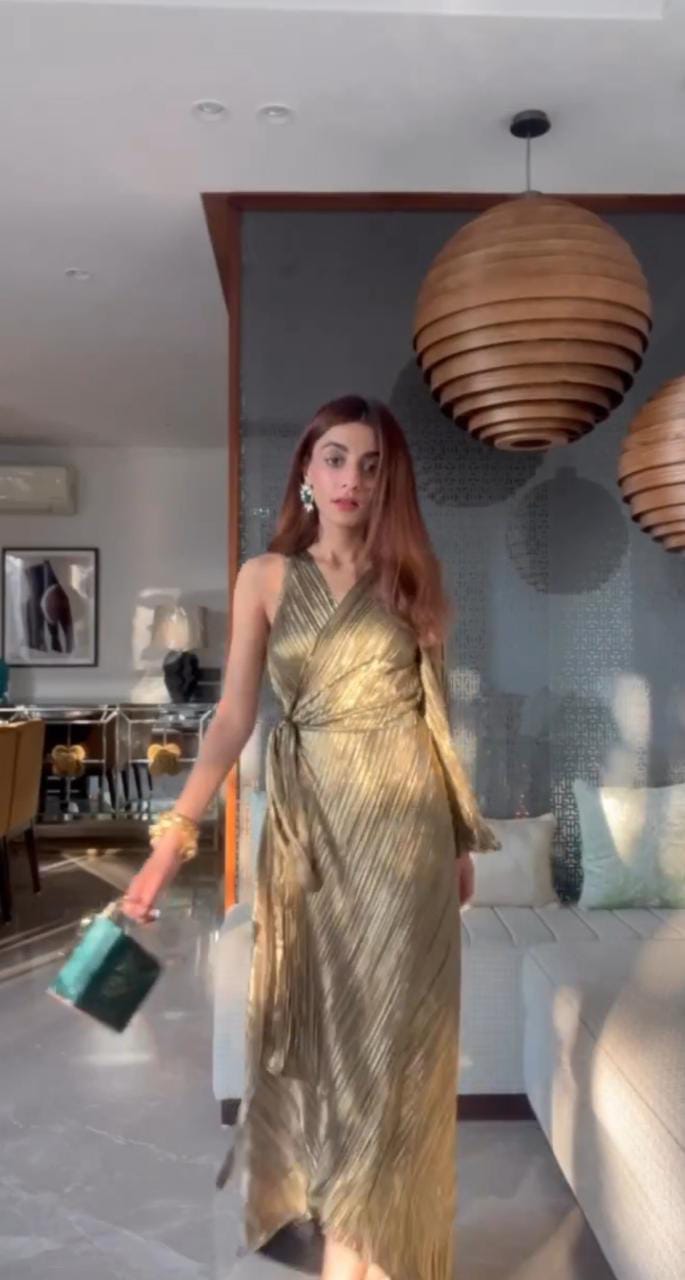 Mehak Jain in our Swish Metallic Wrap Around Dress - Gold