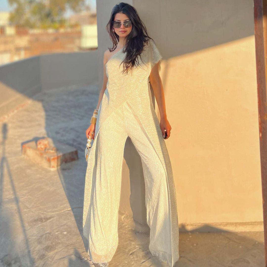 Dhriti Mehra in our Sasha Shimmer Jumpsuit - Ivory