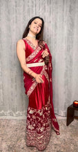 Load image into Gallery viewer, Style me subtle in our Reyna Glazed Classy Pleated Gown Saree with Gara Palla and Belt - Red