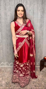 Style me subtle in our Reyna Glazed Classy Pleated Gown Saree with Gara Palla and Belt - Red