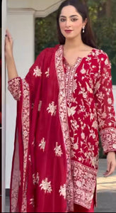 Jasnoor Anand in our Reyna Gara Glazed Kurta With Pleated Pants and Dupatta- Red