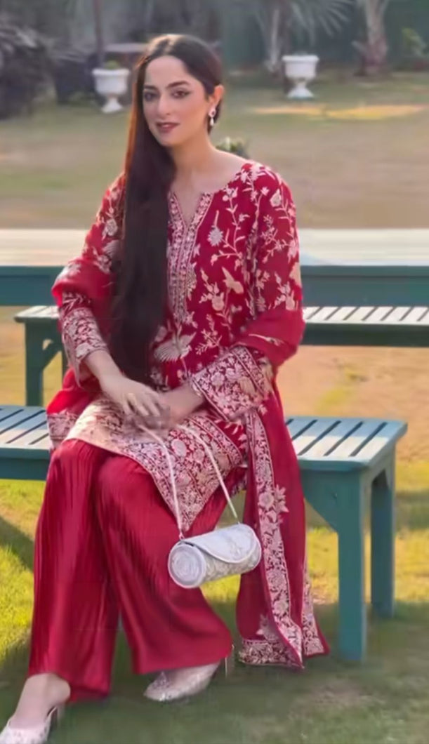 Jasnoor Anand in our Reyna Gara Glazed Kurta With Pleated Pants and Dupatta- Red