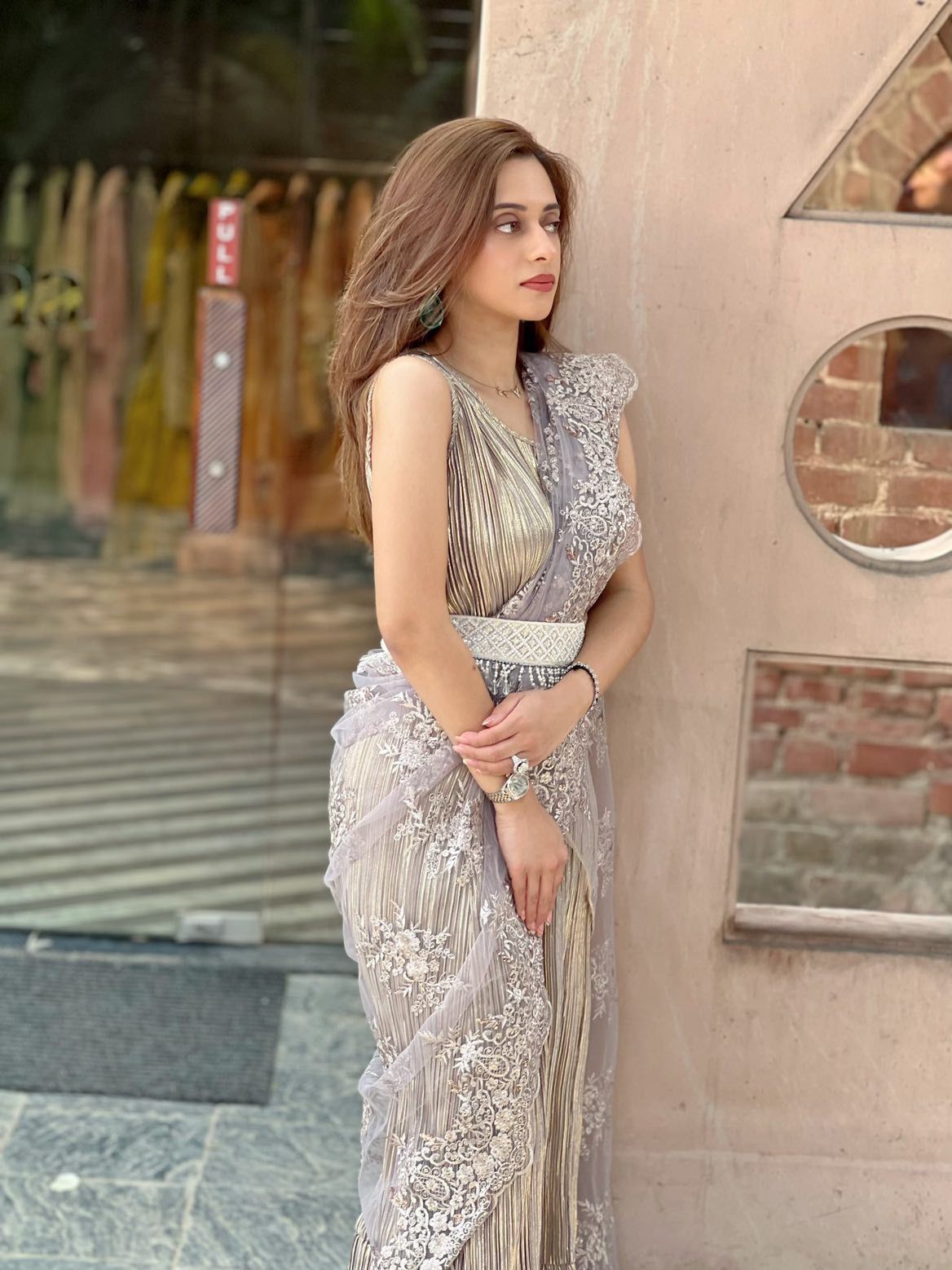 Siya Yadav in our Idylic Gown Saree - Metallic Silver &amp; Gold