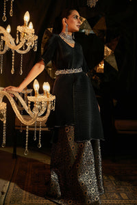 Nora Asymmetrical Top with Brocade Ghagra and Velvet Zardozi Belt - Jade Black