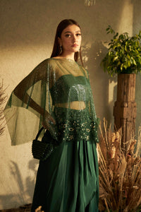 Sarah Sequins Cape with Organza Dhoti Skirt- Green