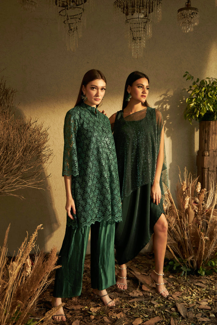 Fragrant Floral Peplum Sequins Tunic with Pleated Pants- Emerald Green