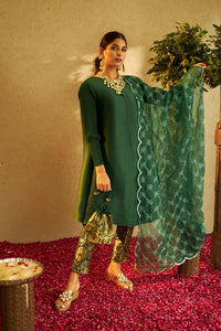 Elegant Pleated & Brocade Tunic Set With Dupatta And Potli- Green