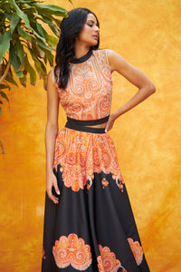 Digital Printed Ghagra with Embellished Blouse - Orange Black