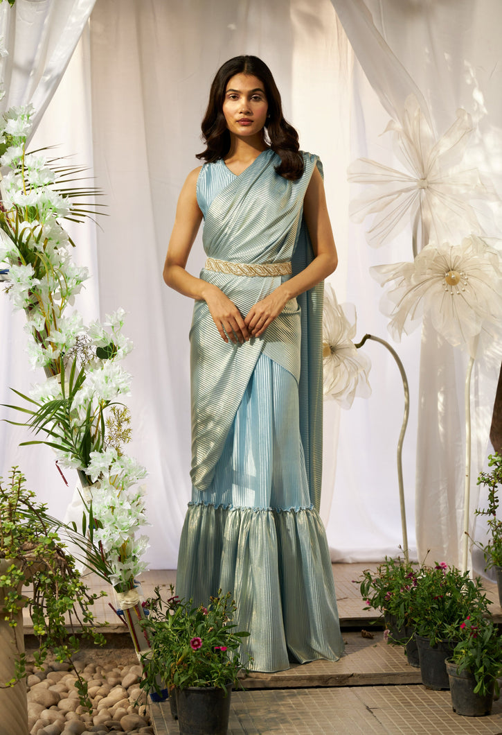 Magnificent Metallic Gown Saree - Metallic Blue