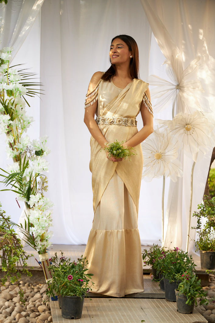 Magnificent Metallic Gown Saree with Drop Sleeves and Lace Belt - Metallic Nude