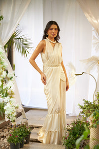 Magnificent Metallic Tiered Gown Saree - Metallic Ivory