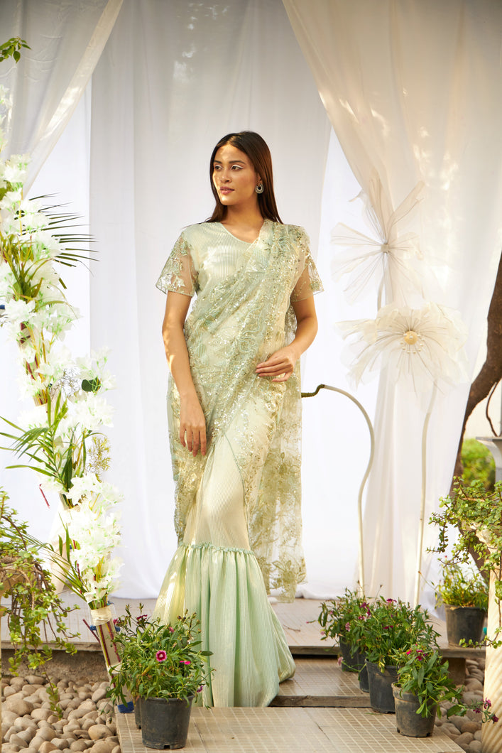 Magnificent Metallic Gown Saree with Sequins Palla - Mint Green