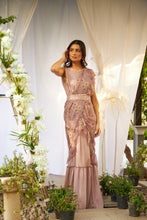 Load image into Gallery viewer, Magnificent Metallic Gown Saree with Floral Ruffle Palla and Sequins Belt- Blush