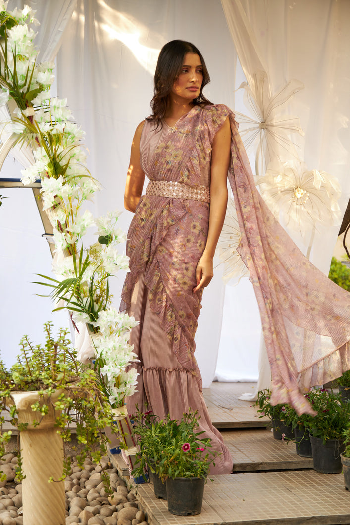Magnificent Metallic Gown Saree with Floral Ruffle Palla and Sequins Belt- Blush