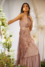 Load image into Gallery viewer, Magnificent Metallic Gown Saree with Floral Ruffle Palla and Sequins Belt- Blush