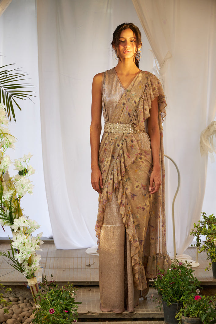 Magnificent Metallic Gown Saree with Floral Ruffle Palla and Sequins Belt- Gold