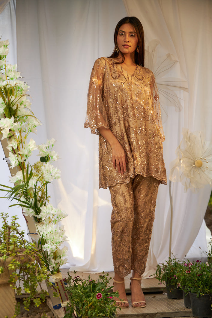 Seraphic Sequins Tunic Co-ordinated with Straight Sequins Pants- Beige