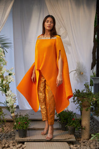 Divine Embroidered Cape with Brocade Pants - Yellow