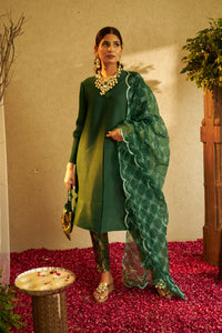 Elegant Pleated & Brocade Tunic Set With Dupatta And Potli- Green