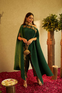 Divine Embroidered Cape with Brocade Pants - Green